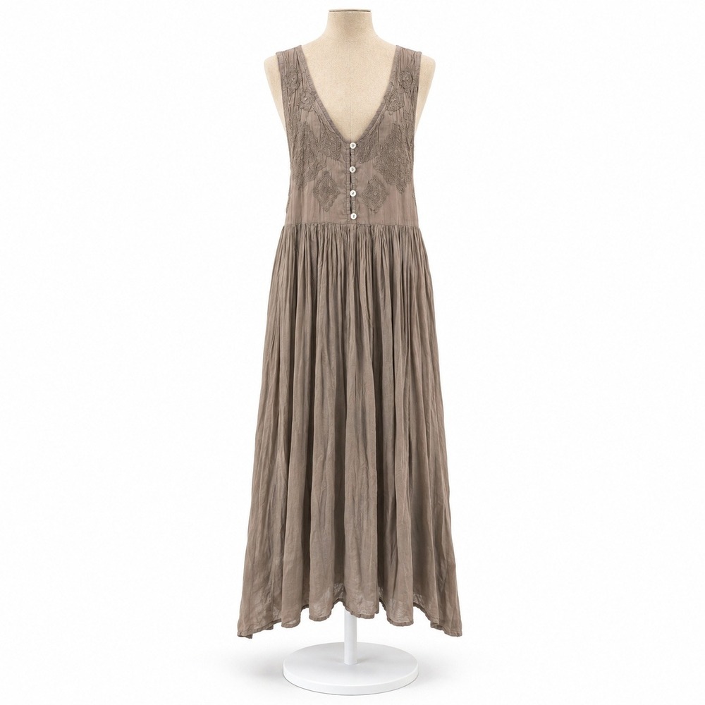 Vintage Y2K Embroidered Maxi Peasant Dress Size S Brown Fairy Grunge Cottagecore